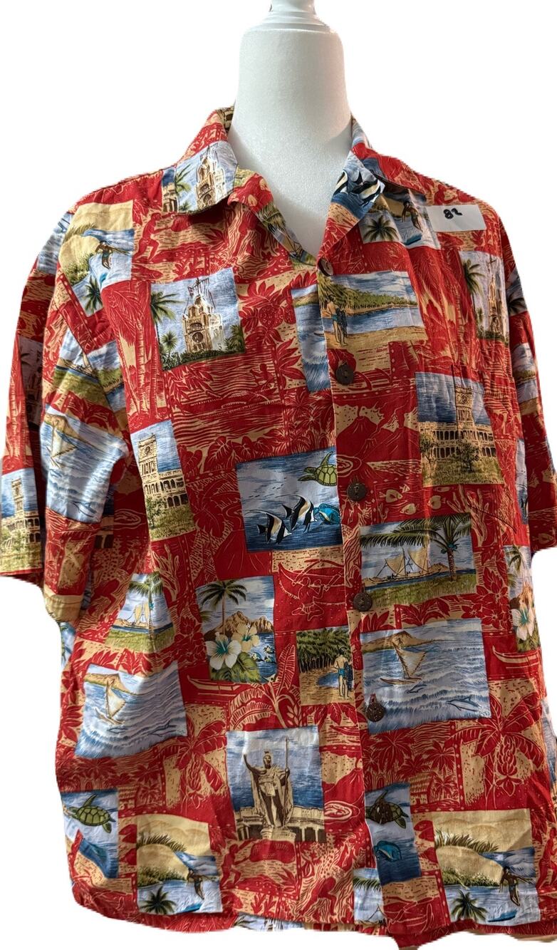 Hilo Hattie The Hawaiian Original Red Scenic Aloha Shirt Made in Hawaii Men’s XL